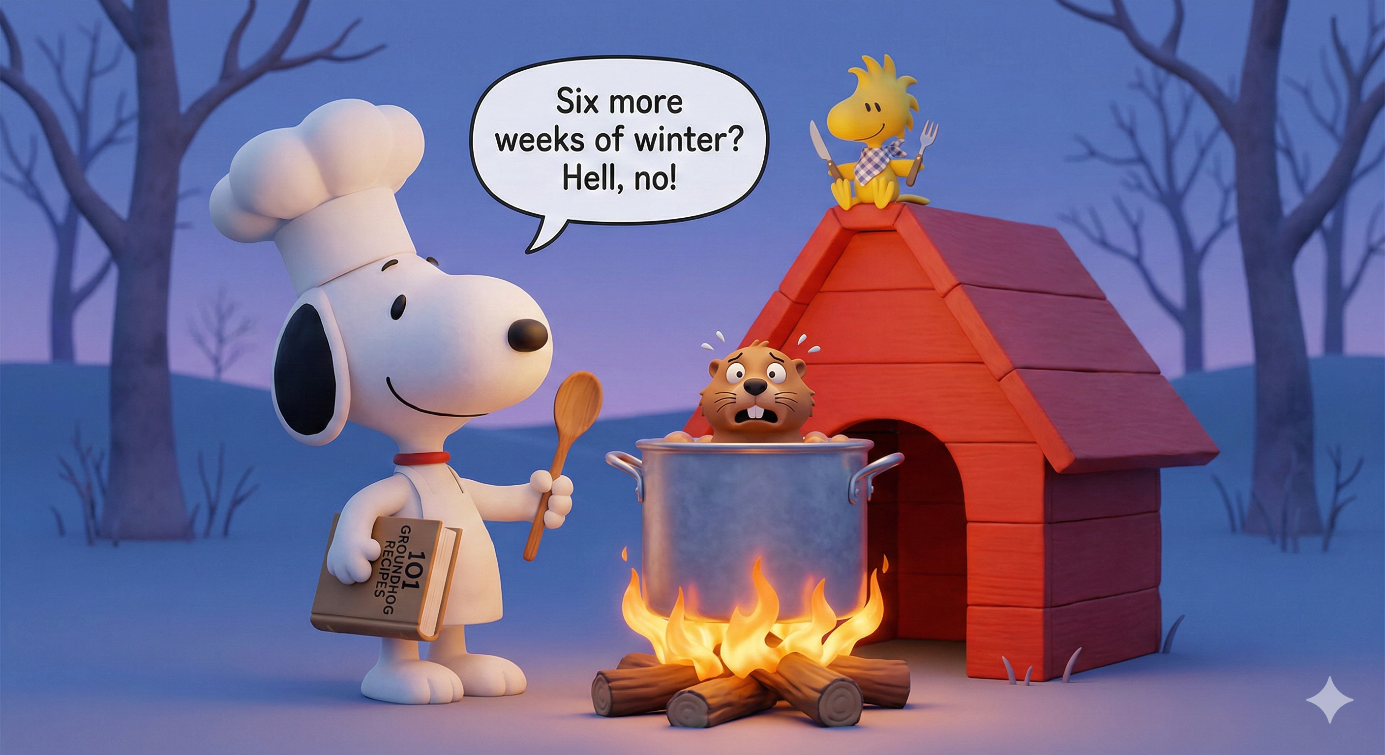 Pic of Snoopy making groundhog stew for himself and Woodstock